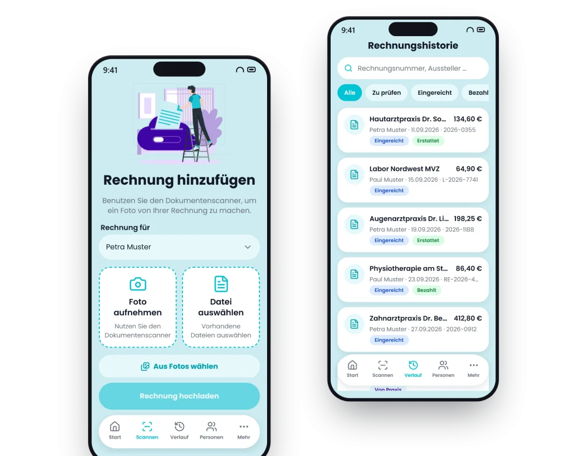 Die pia App auf dem Smartphone: Rechnungsübersicht und Startbildschirm